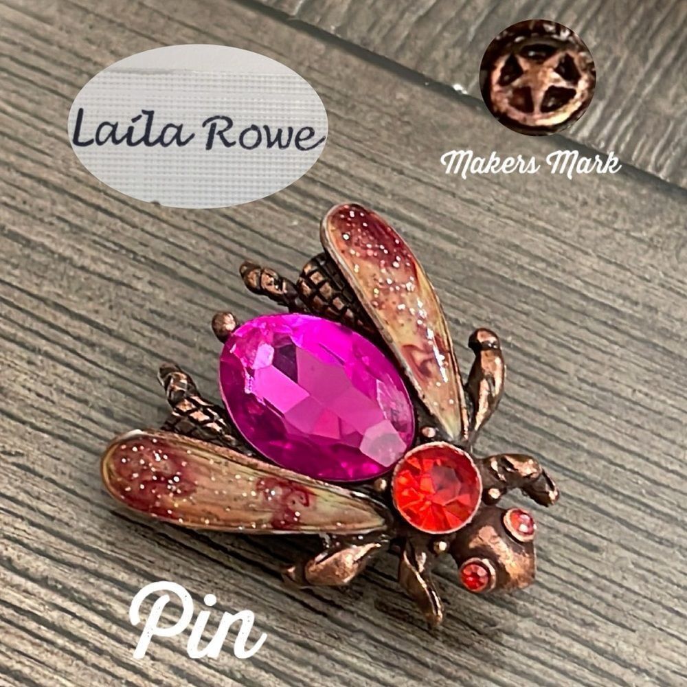 Vintage LAILA ROWE Bee - Insect - Bug Brooch Pink, & Red Rhinestones, Enamel